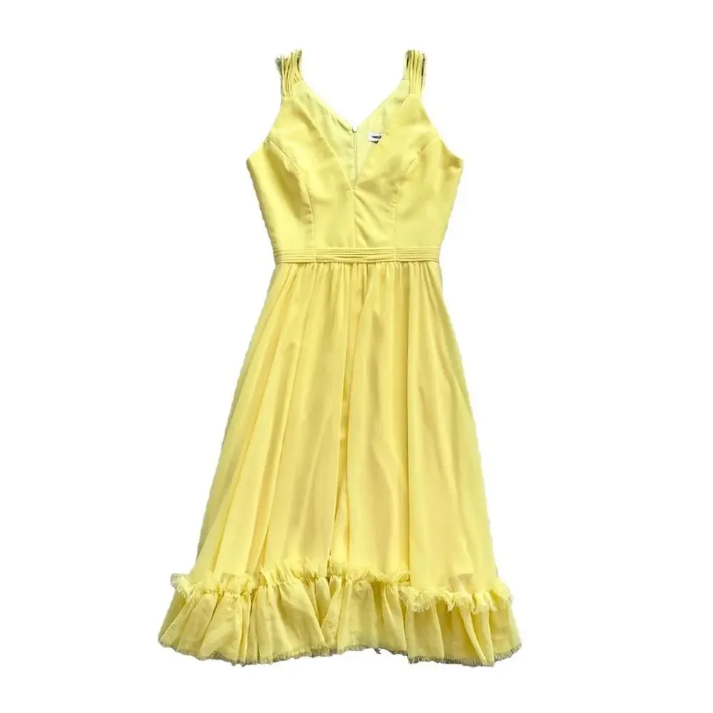 Dress The Population Yellow Chiffon Fit & Flare Midi Dress Size S